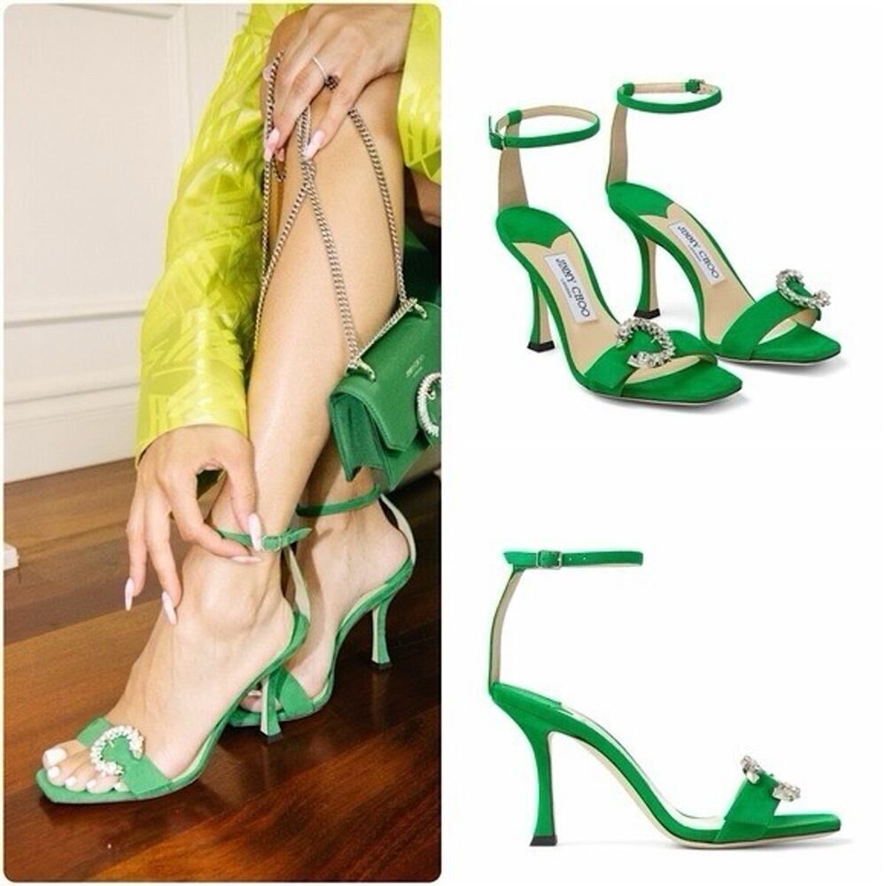 Jimmy Choo Marsai 90 Crystal Buckle Green Suede Sandals EU37.5